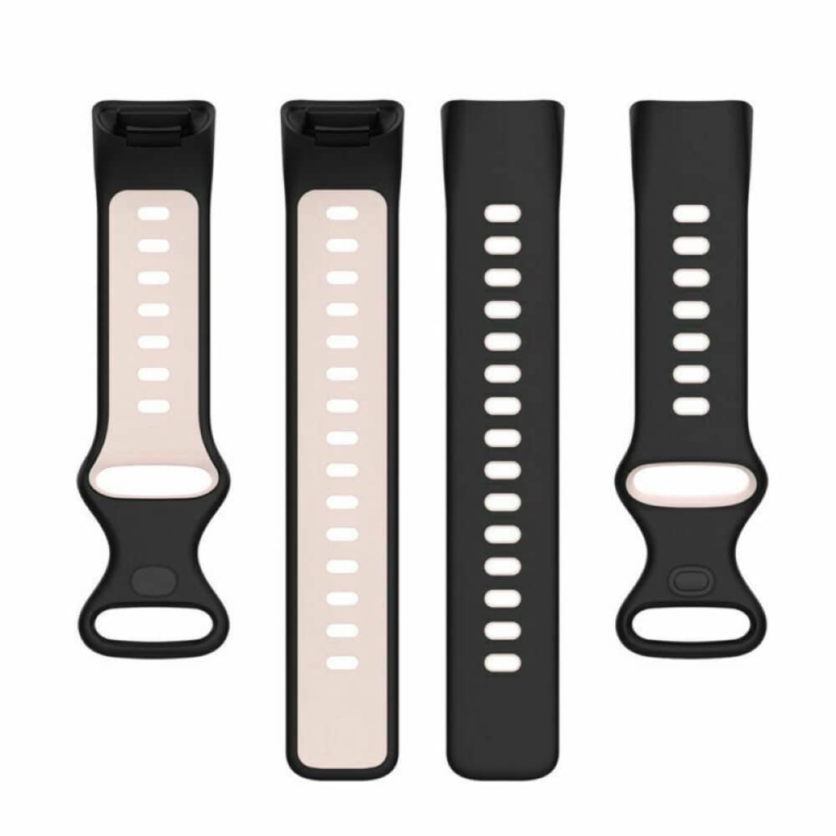 Vier schwarz-weiße Uhrenarmbänder, entworfen für eine Smartwatch.