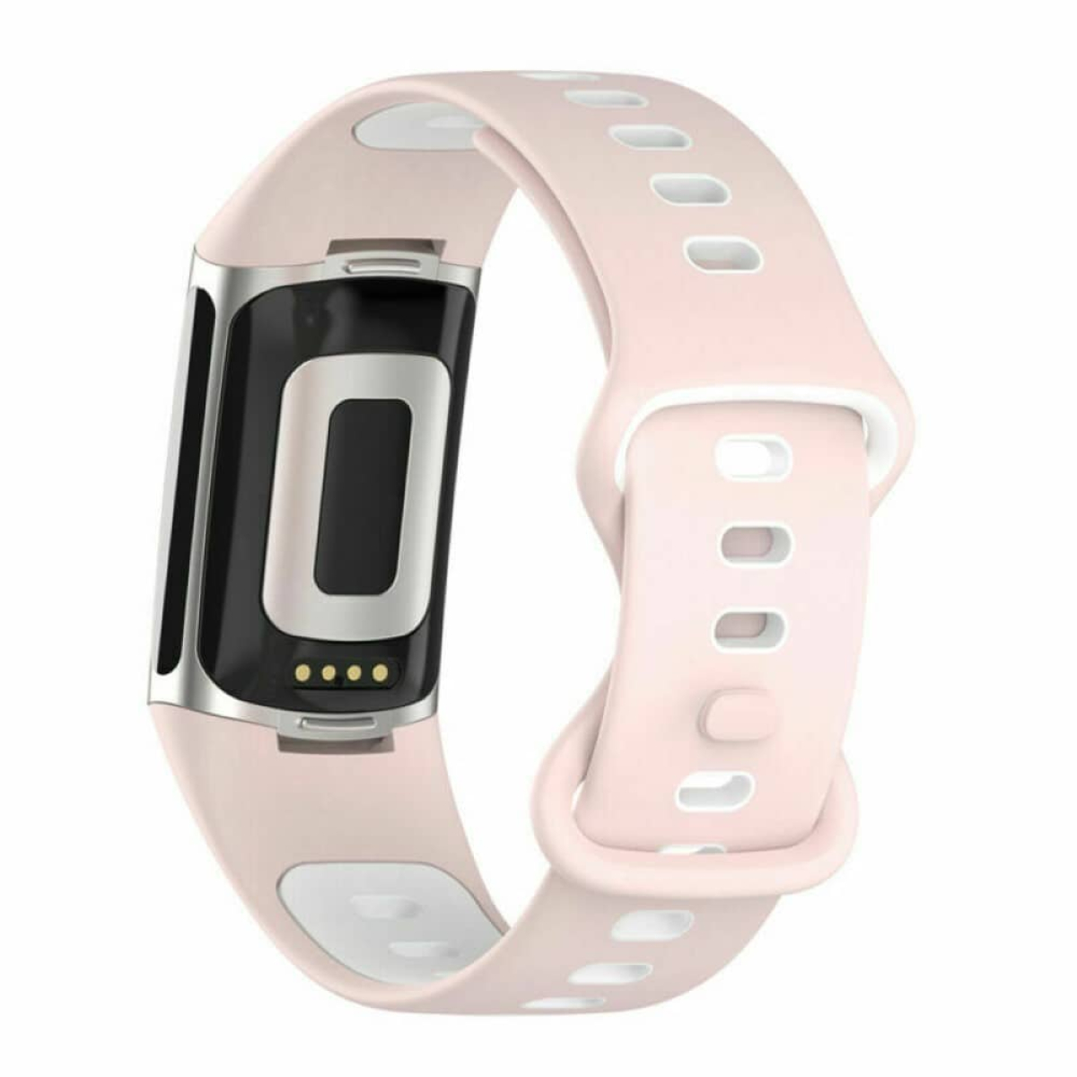 Eine pinkfarbene Fitness-Tracker-Uhr mit schwarzem Bildschirm und hellrosa Armband.