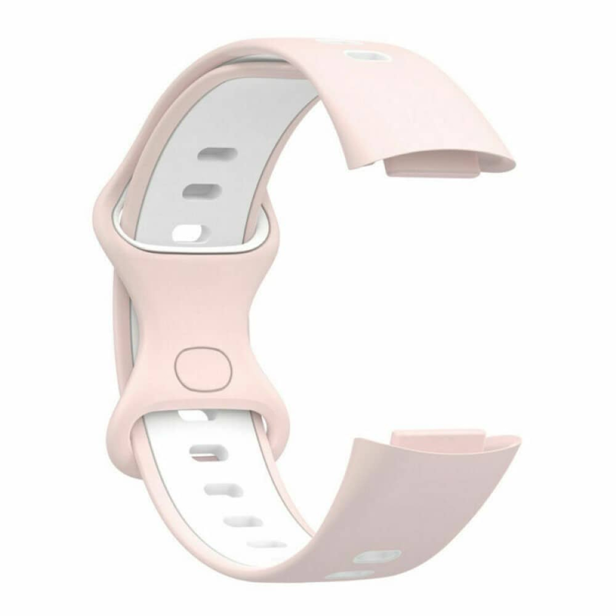 Rosa-weißes Uhrenarmband, gebogen und offen. Das Band ist hellrosa mit weißem Innenraum.