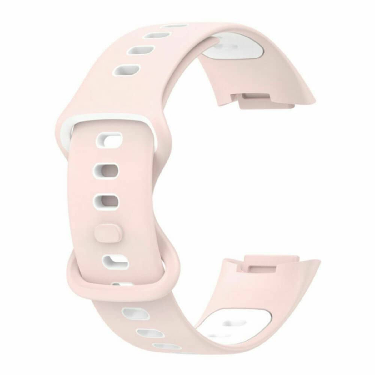 Rosa Smartwatch-Armband mit weißen Akzenten, in Nahaufnahme.