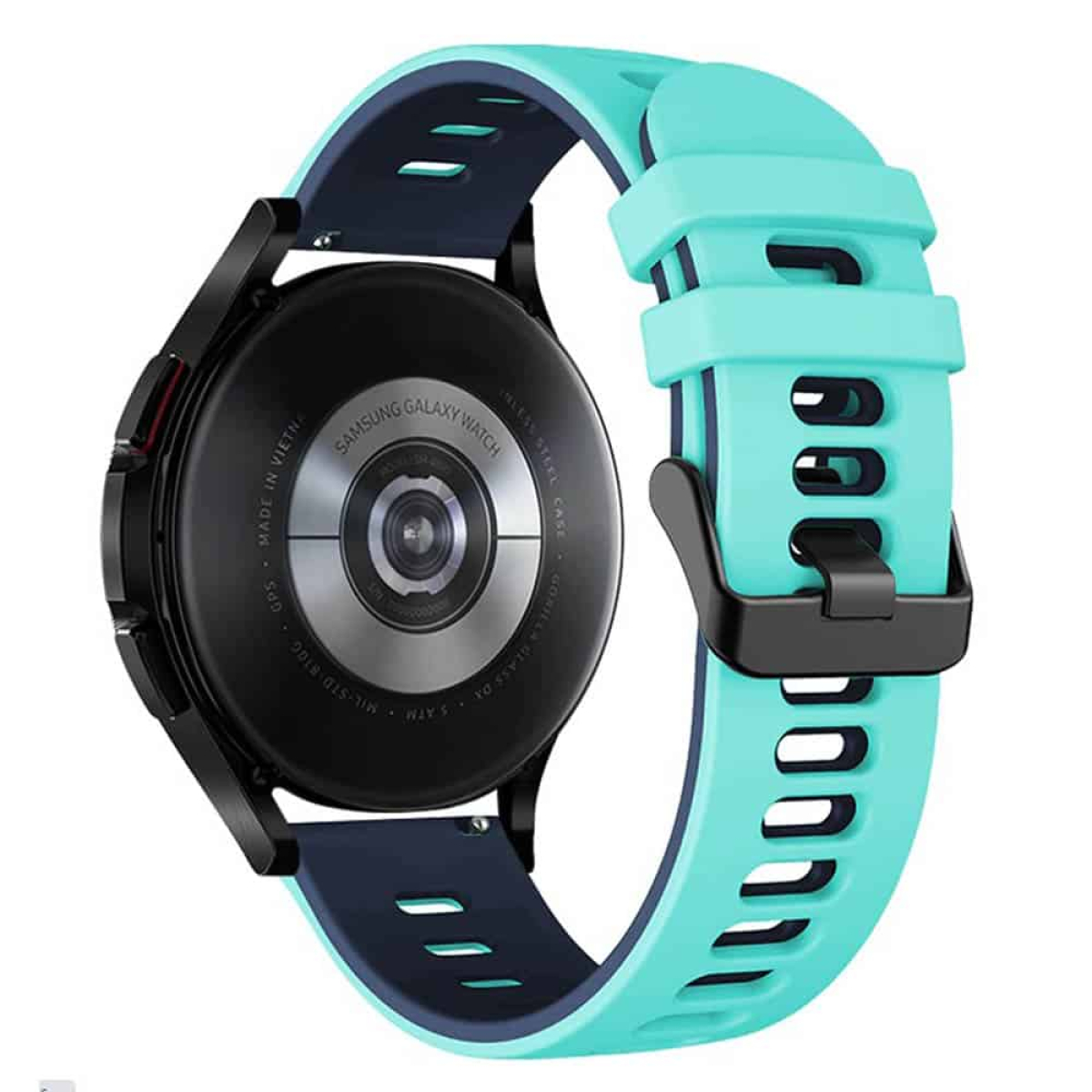 Schwarze Samsung Galaxy Watch mit einem türkis Band.