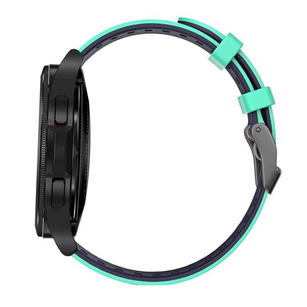 Schwarze Smartwatch mit teal- und marinefarbenem Armband, Seitenansicht, zeigt Zifferblatt und Armband.