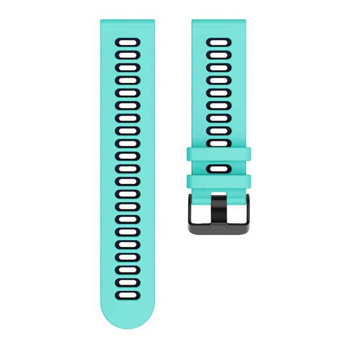 Zwei türkisfarbene Uhrenarmbänder, eines mit Schnalle, auf weißer Oberfläche.