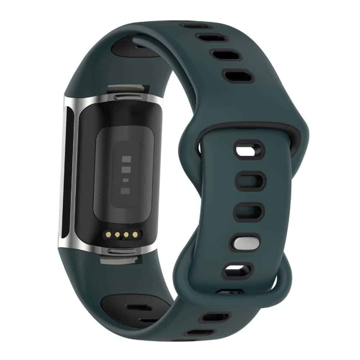 Dunkelgrüner Fitness-Tracker. Es ist ein gebogenes Band mit einem Bildschirm und einem Verschluss.
