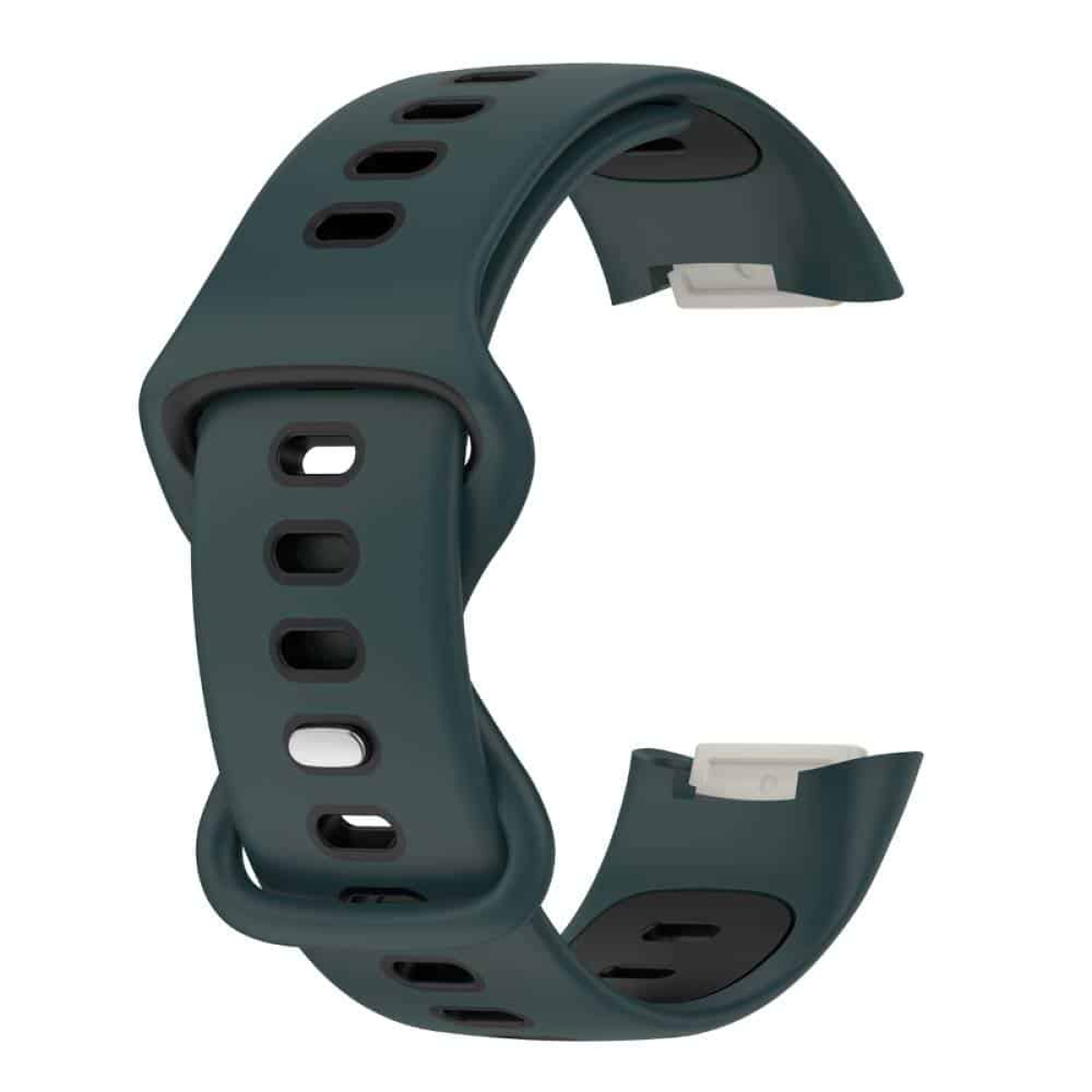 Ein dunkelgrünes Uhrenarmband. Es hat Löcher und einen Verschluss. Weißer Hintergrund.