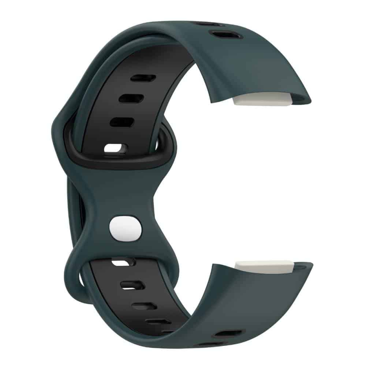 Dunkel türkisfarbenes Uhrenarmband mit schwarzem Innenband. Das Band ist gebogen. Weiße Befestigungspunkte.