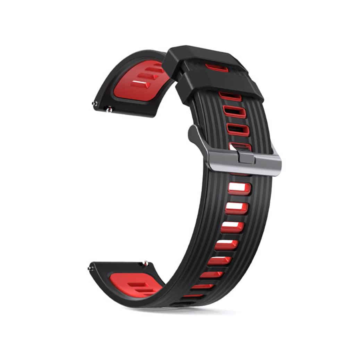 Schwarzes und rotes Uhrenarmband. Zeigt ein Uhrenarmband mit Metallschnalle. Rote Innenseite.