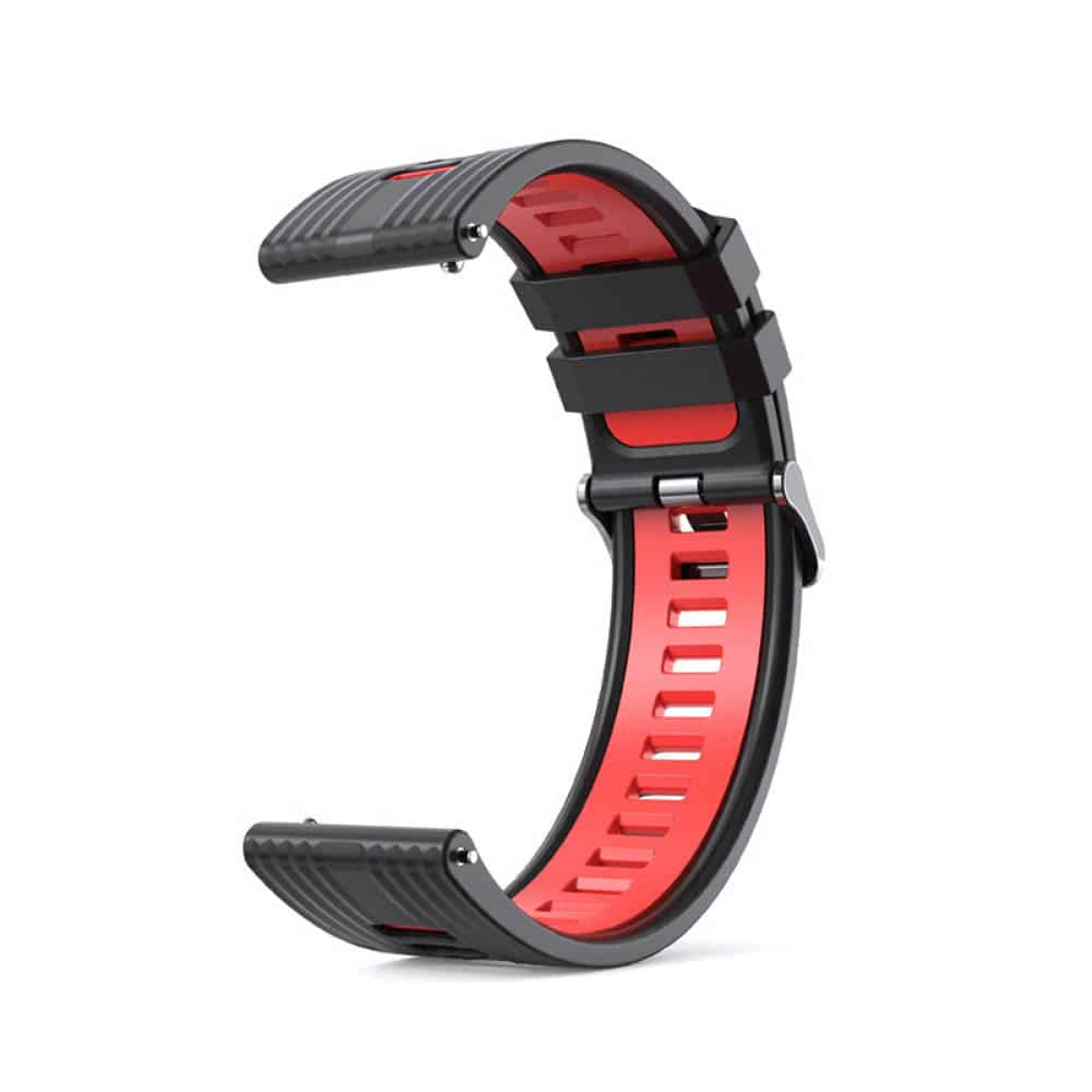 Armband, schwarz mit roter Innenseite. Es hat einen Verschluss und ein geriffeltes Design.