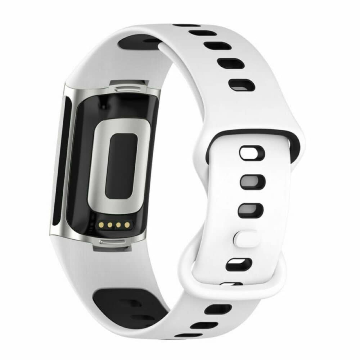 Weißes Smartwatch-Armband mit schwarzem Bildschirm und Knöpfen.
