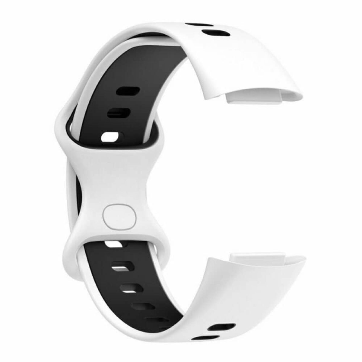 Ein weißes und schwarzes Smartwatch-Armband. Es ist gebogen und hat Löcher zur Anpassung.