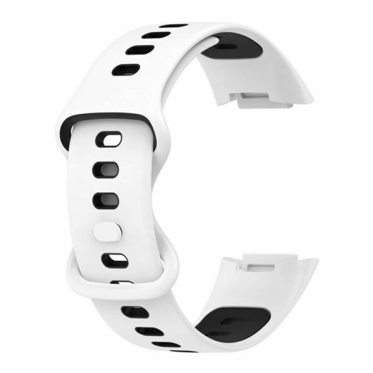 Ein weißes Uhrenarmband mit geschwungenem Design und schwarzen Details.