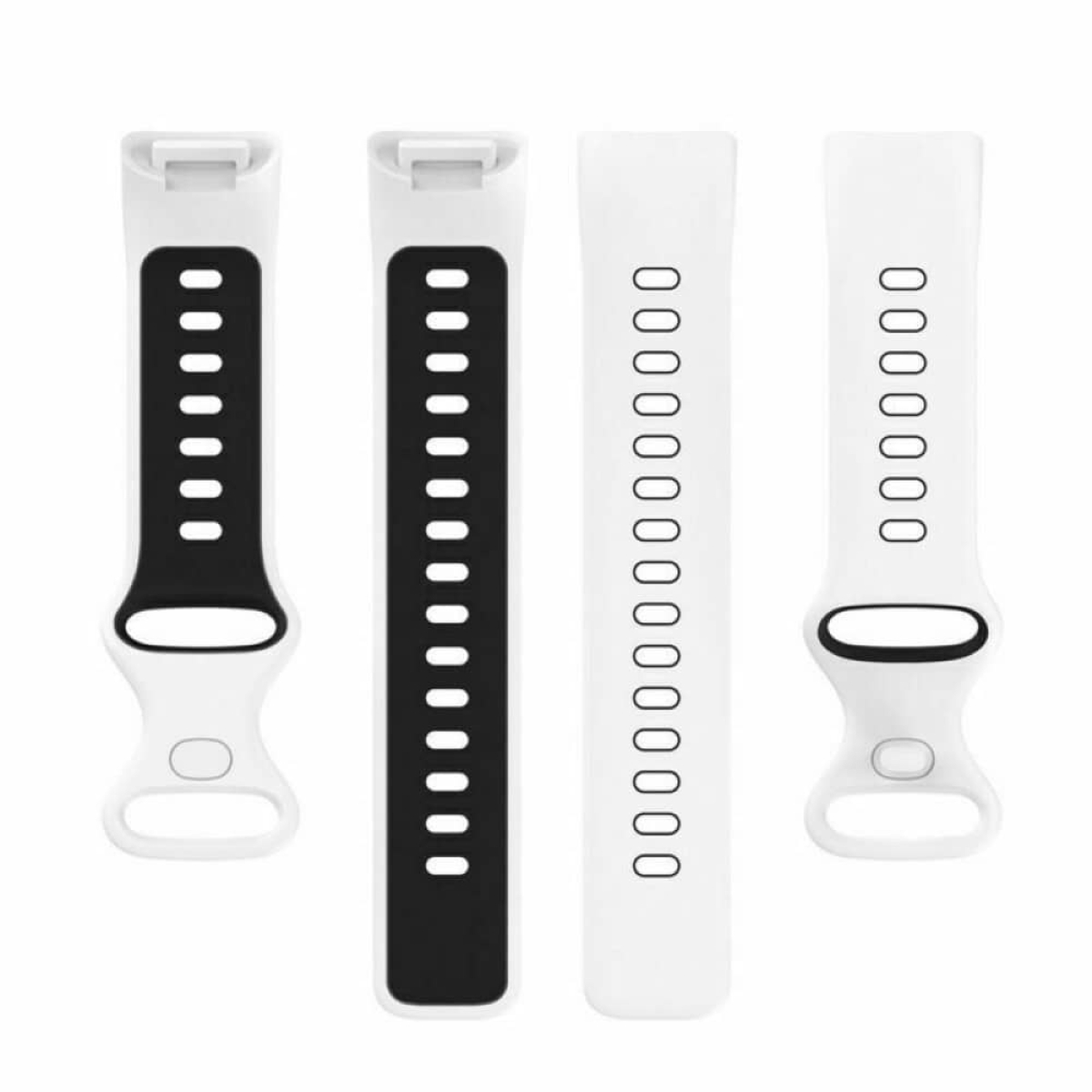 Zwei Paare schwarz-weißer Uhrenarmbänder. Jedes hat Löcher und einen Verschlussmechanismus.