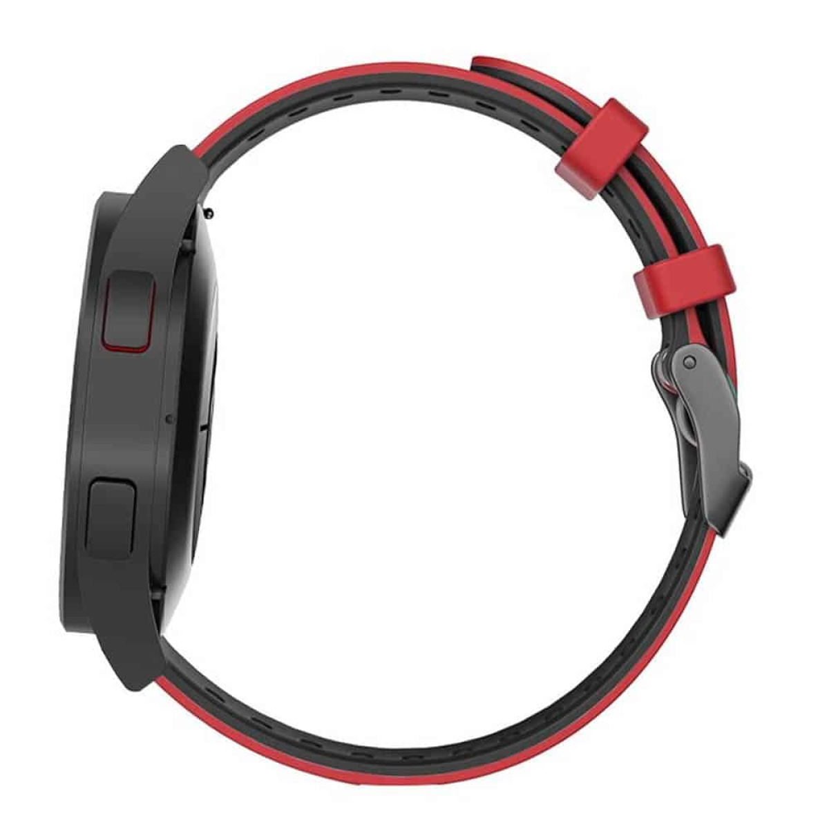Schwarze Smartwatch mit rotem Armband. Die Uhr wird von der Seite gezeigt.