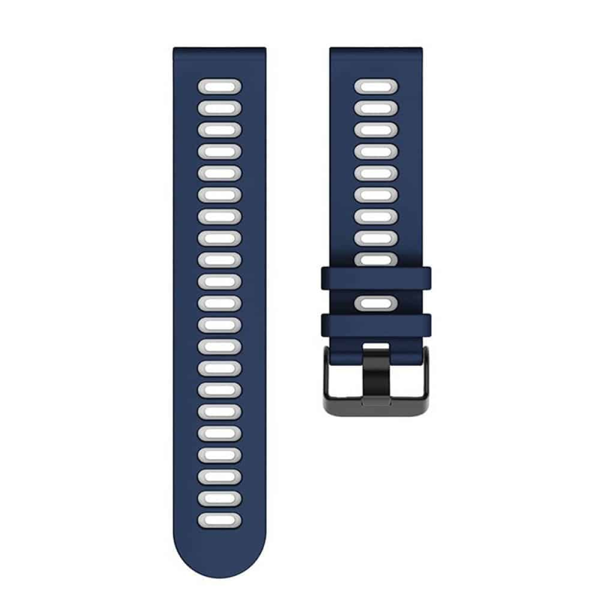 Zwei blaue Uhrenarmbänder mit gleichmäßig verteilten Löchern. Eines hat einen Verschluss.