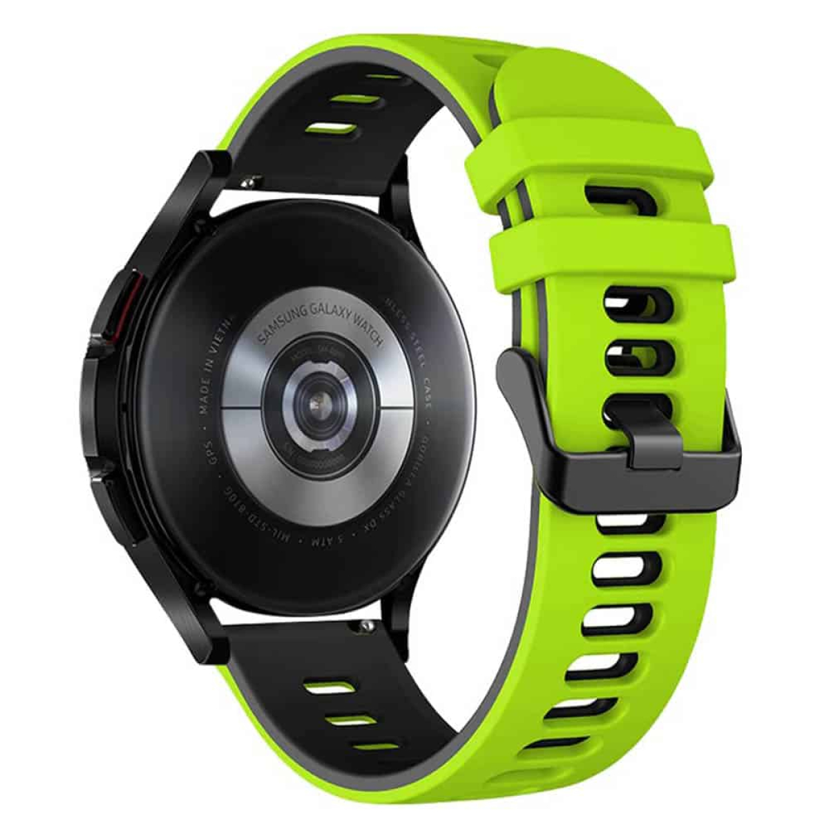 Eine schwarze Smartwatch mit grünem Armband. Sie liegt auf einer weißen Oberfläche. Die Rückseite der Uhr wird gezeigt.