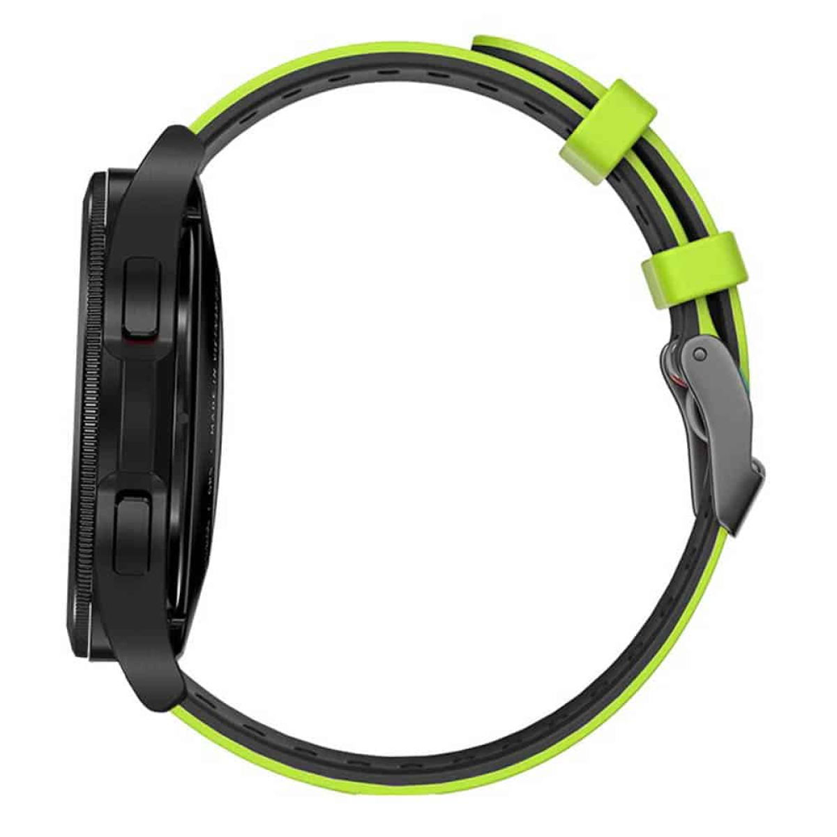 Schwarze Smartwatch mit grün-schwarzem Armband. Seitenansicht. Knöpfe sichtbar. Profilansicht einer Uhr.