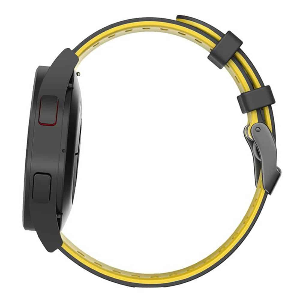 Schwarze Smartwatch mit gelbem Armband. Die Uhr ist seitlich.