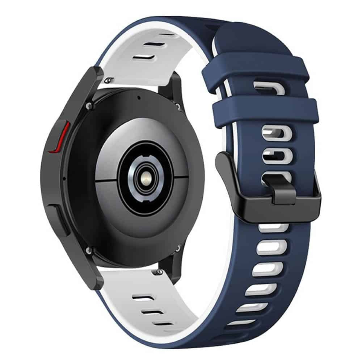 Smartwatch mit blauem Armband und weißem Innenband. Schwarzes Zifferblatt.