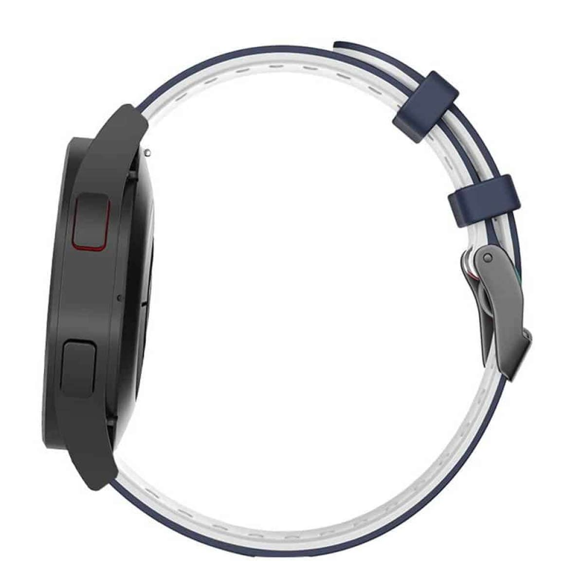 Eine schwarze Smartwatch mit weiß-blauem Armband, Seitenansicht.