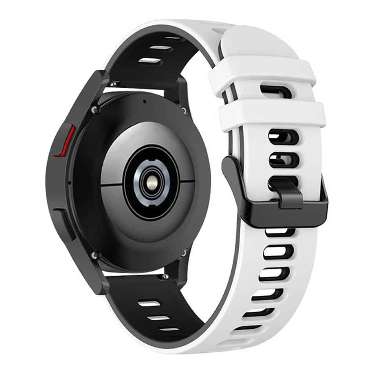 Eine schwarz-weiße Smartwatch, die die Uhr und ihre Banddetails zeigt.