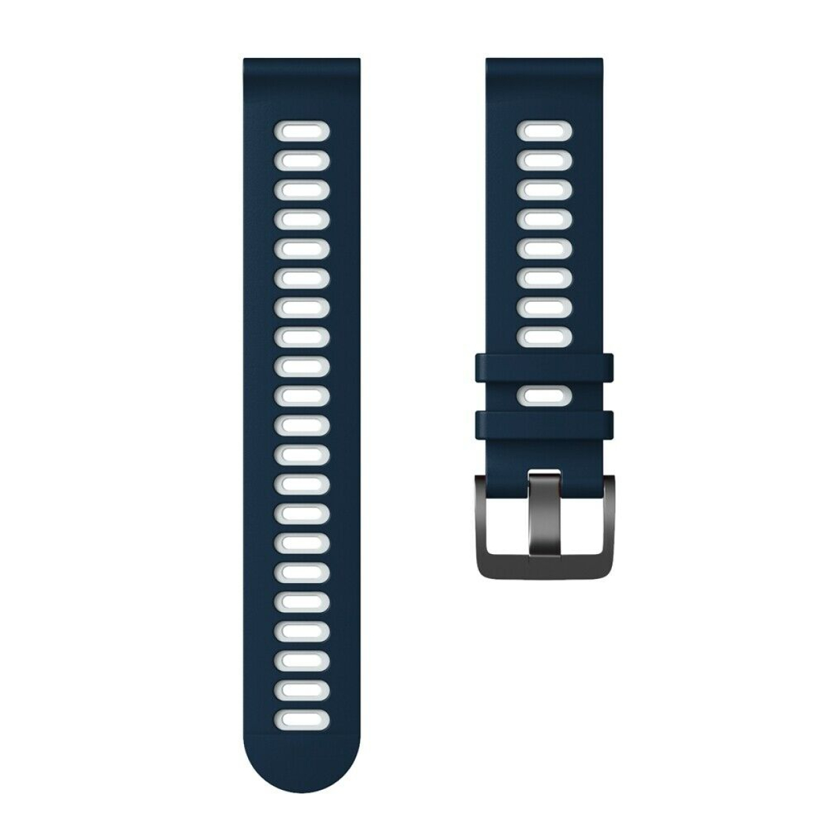Dunkelblaues Smartwatch-Armband mit weißen Perforationen und schwarzer Schnalle.