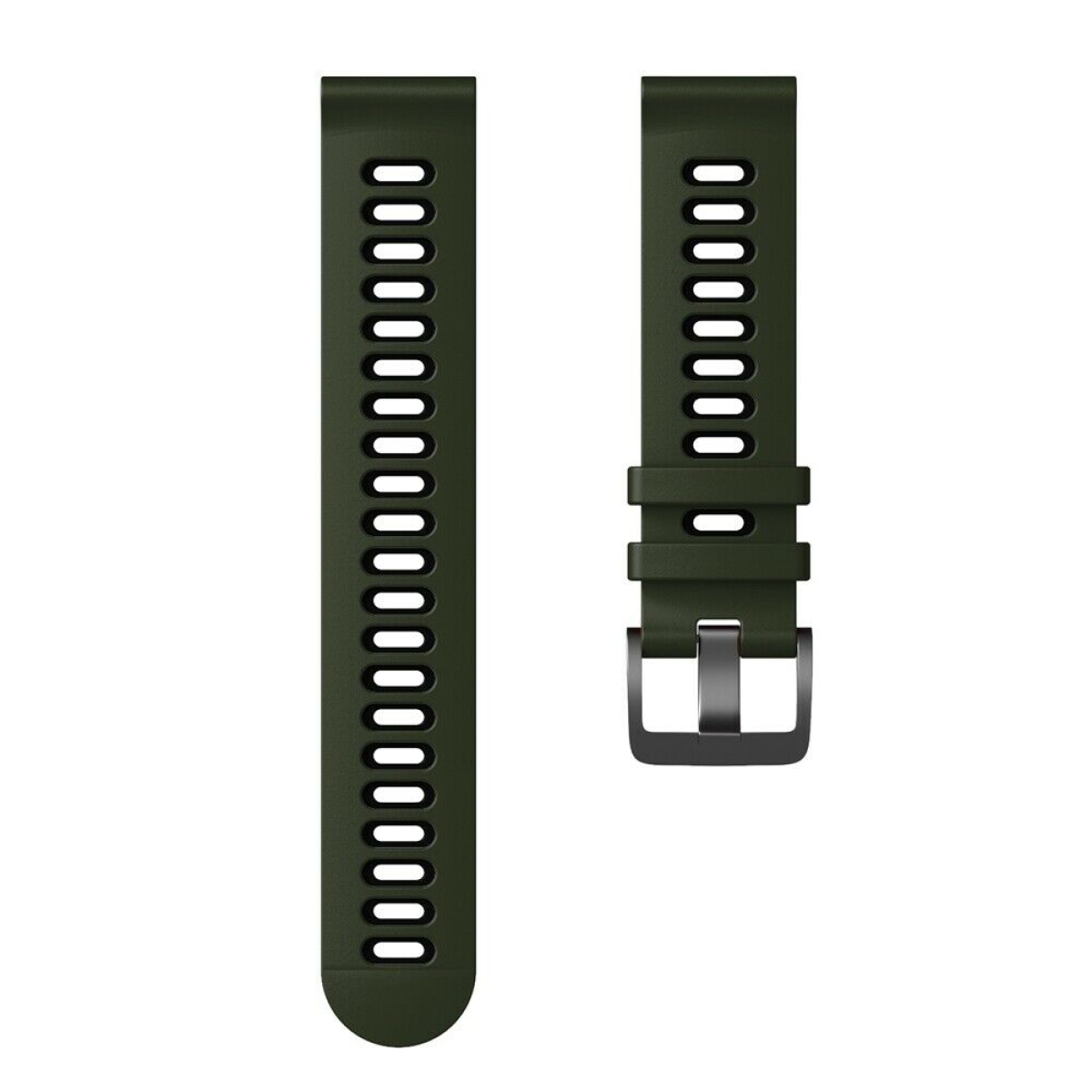 Dunkelgrünes Uhrenarmband mit Löchern und schwarzer Schnalle.