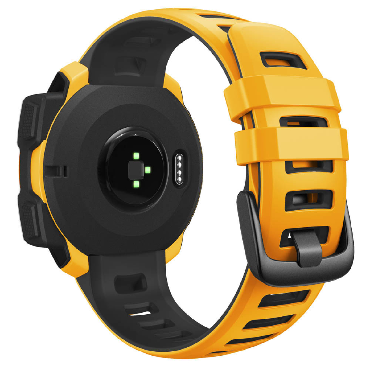 Eine orange und schwarze Smartwatch mit kreisförmigem schwarzem Bildschirm und gelbem Armband.