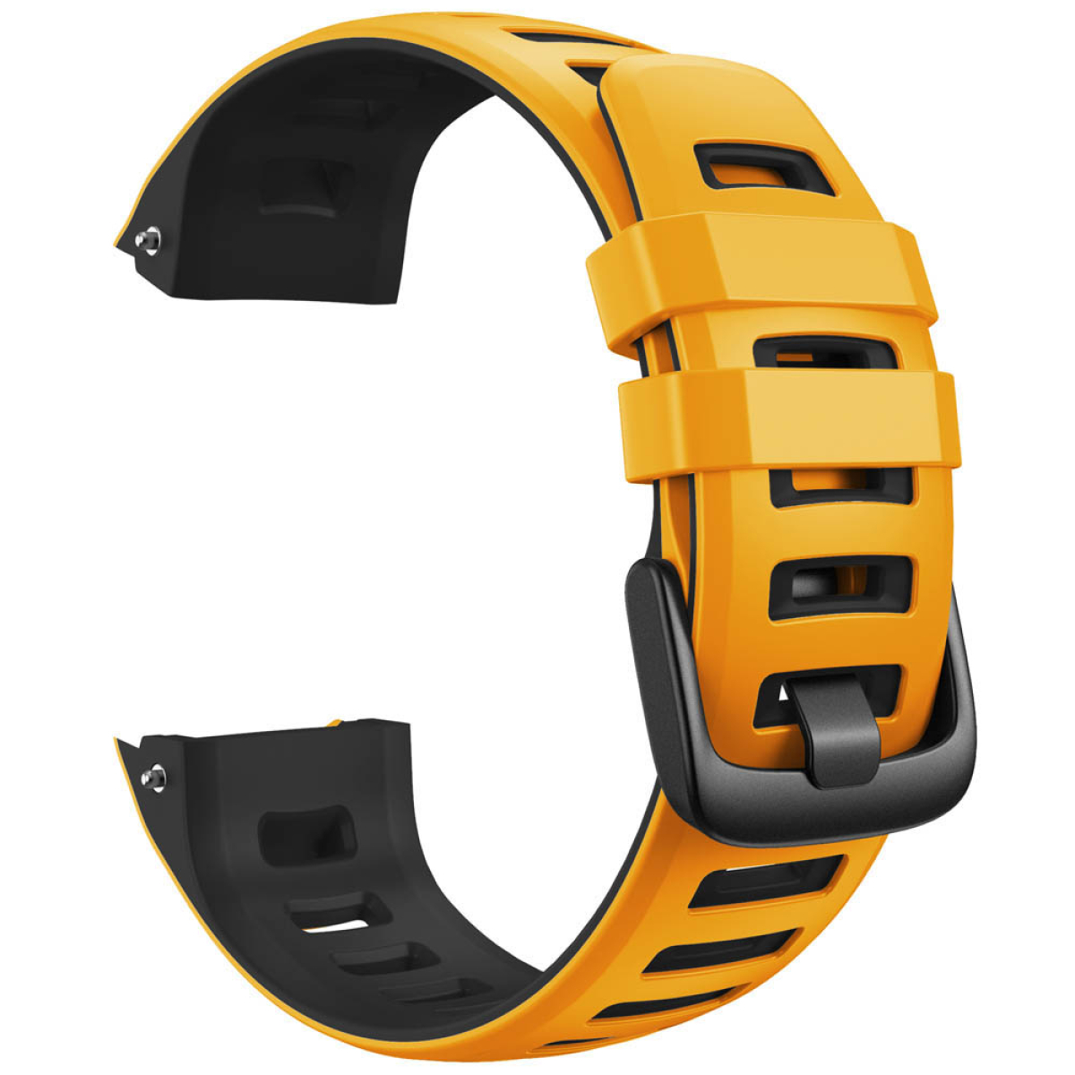 Oranges und schwarzes Uhrenarmband aus Kunststoff mit Schnalle.