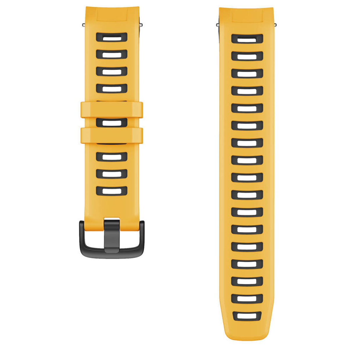 Zwei gelbe Uhrenarmbänder mit schwarzen Akzenten. Ein Armband ist angebracht, eines ist abgenommen.