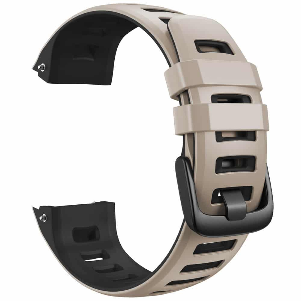 Ein beiges und schwarzes Uhrenarmband mit Verschluss. Das Band ist aus Silikon gefertigt.
