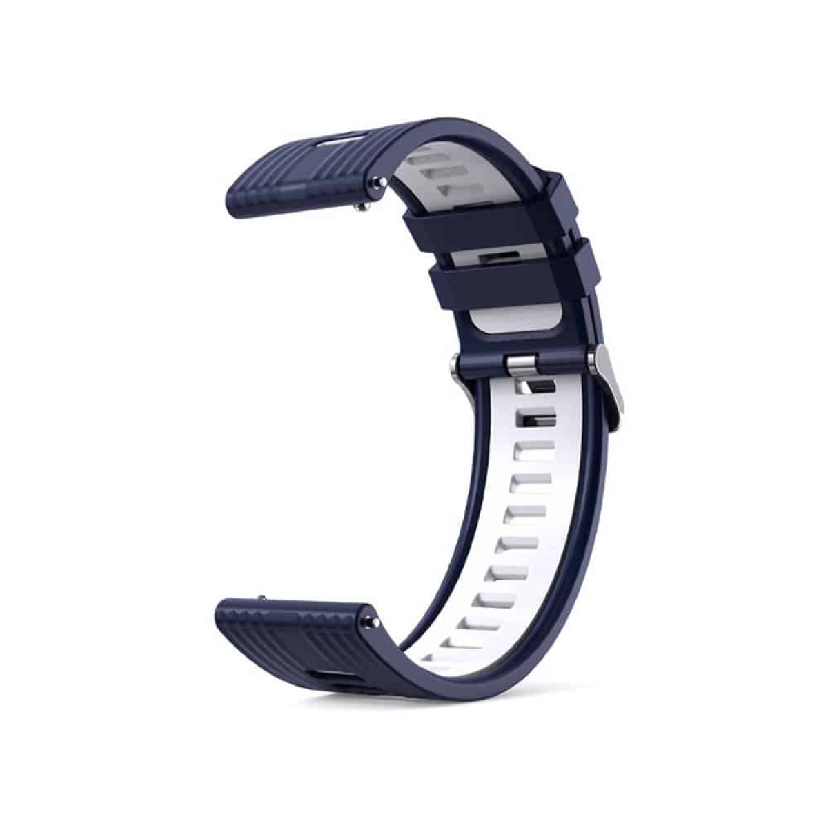 Blaues und weißes Uhrenarmband. Es ist gebogen und hat eine Metallschnalle. Weiße Oberfläche.