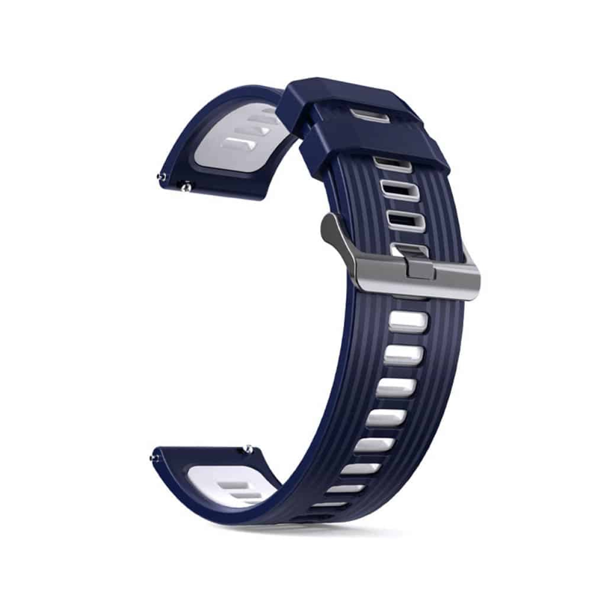 Ein blaues Uhrenarmband mit silberner Schnalle, mit weißer Innenfarbe.