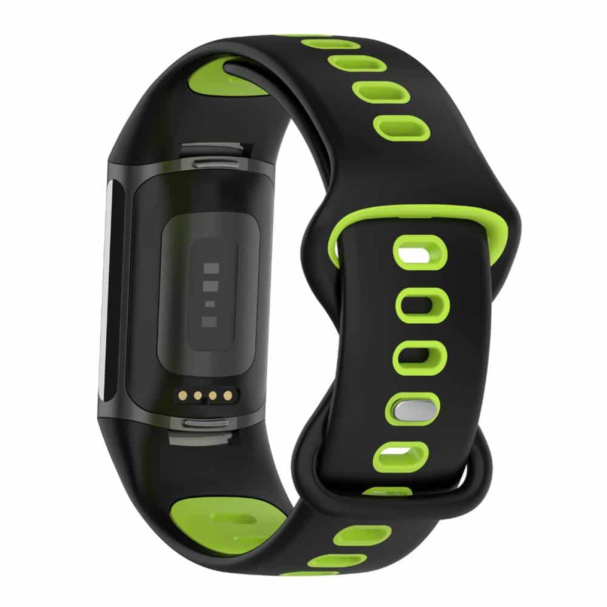Schwarzer Fitnesstracker mit grünen Akzenten. Verfügt über einen Bildschirm, Ladekontakte und einen Herzfrequenzsensor.