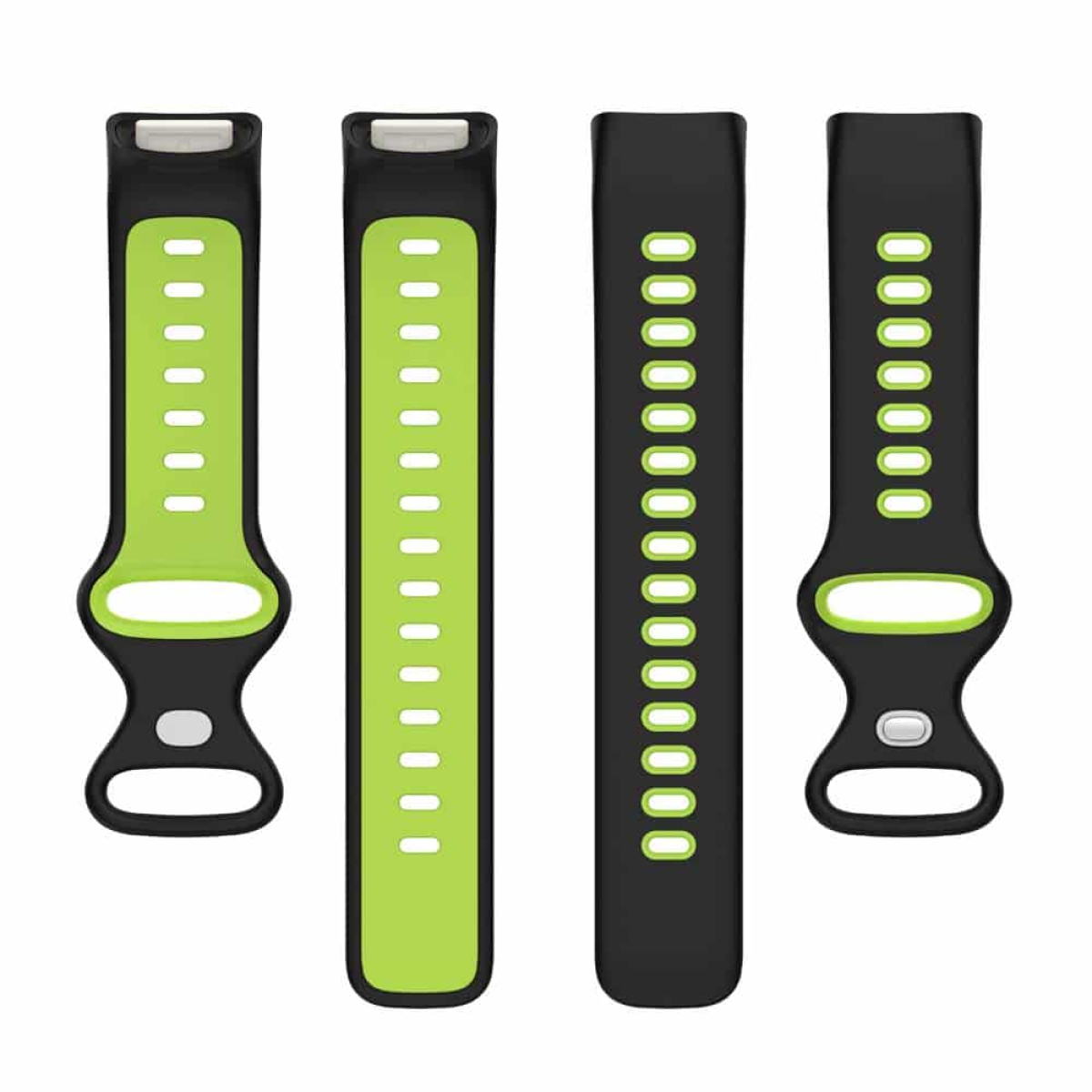 Zwei Paare Uhrenarmbänder. Eines ist schwarz mit limettengrünen Akzenten, das andere ist limettengrün mit schwarzen Akzenten.
