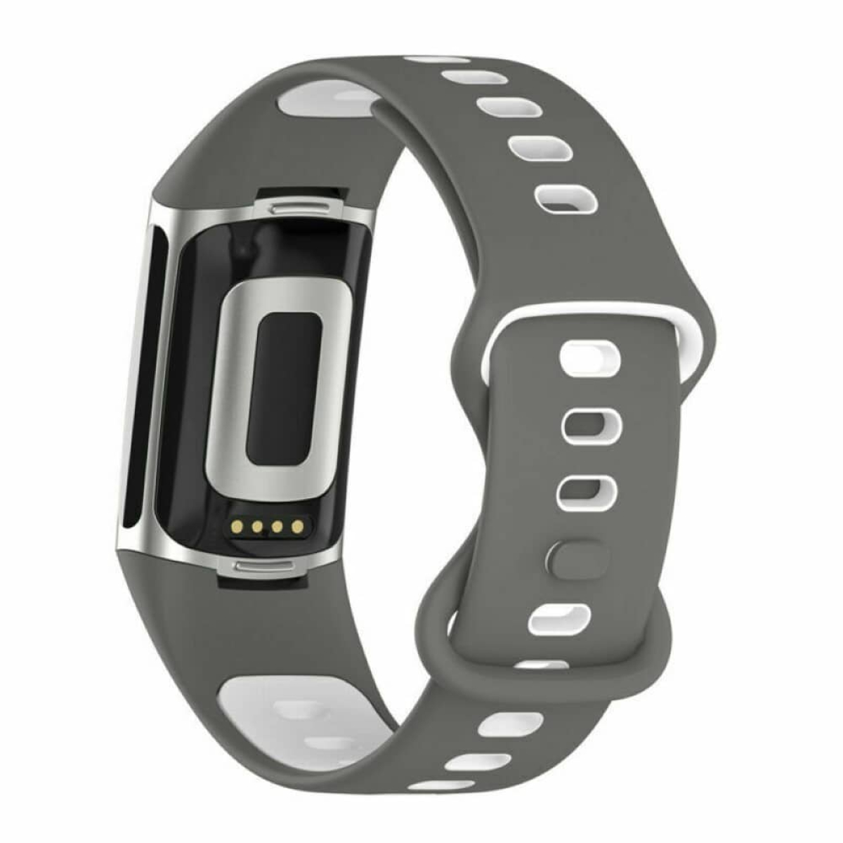 Ein grauer Fitness-Tracker mit schwarzem Bildschirm und grauem Armband mit weißen Löchern. Das Band ist kreisförmig.
