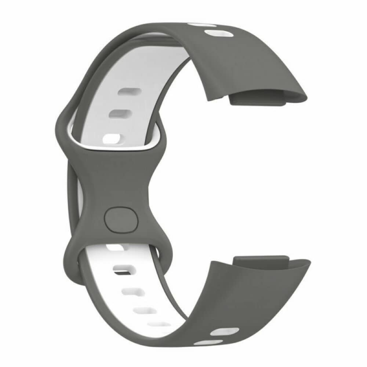 Graues und weißes Uhrenarmband. Es ist gebogen und hat weiße Punkte.