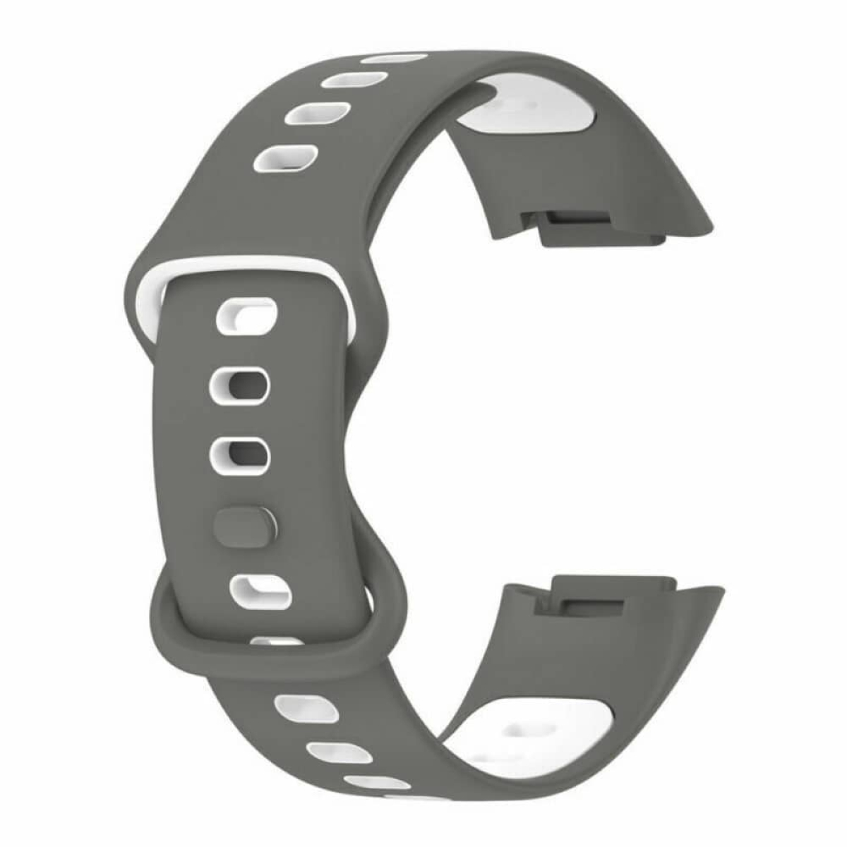 Ein graues Uhrenarmband mit weißen Akzenten. Es ist gebogen.
