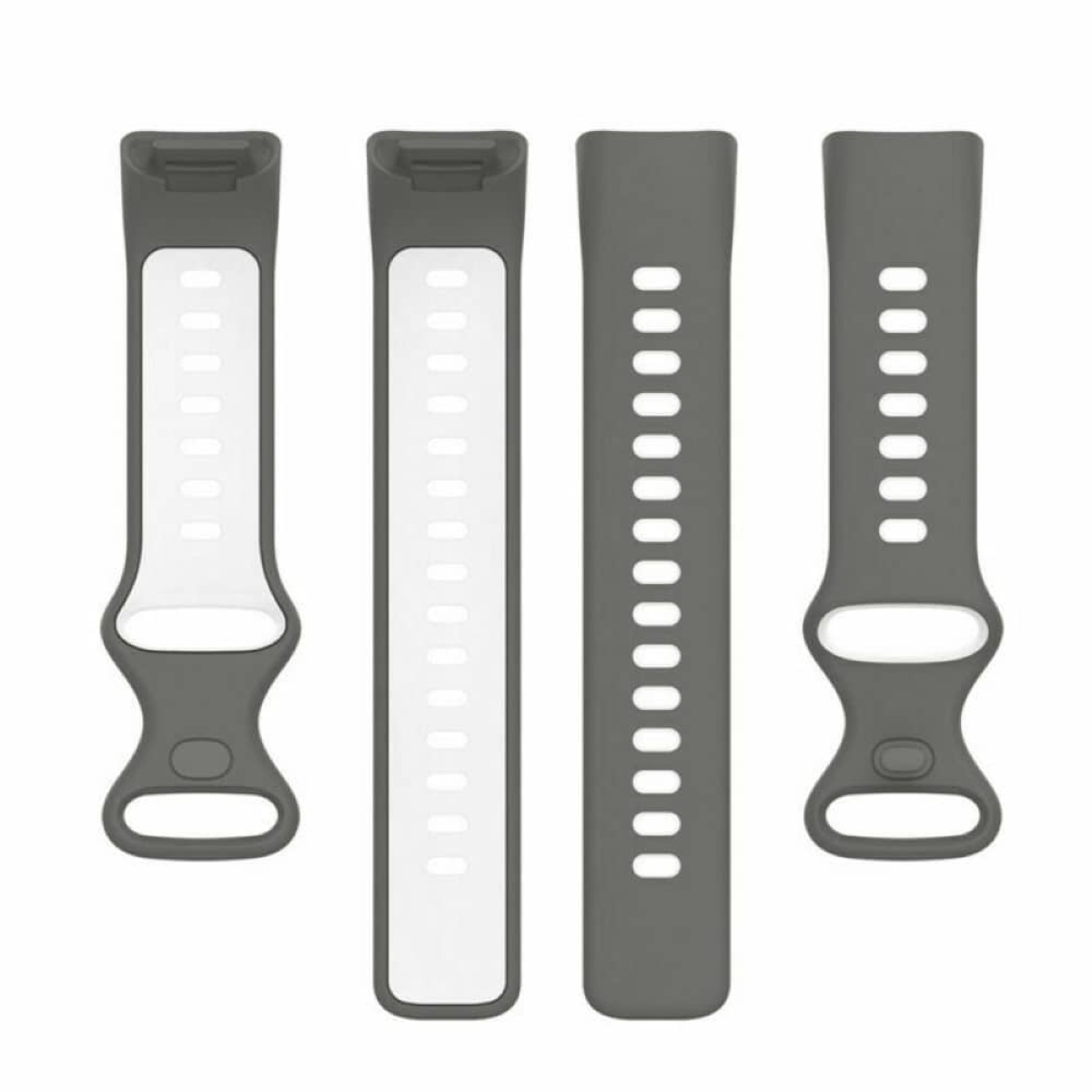 Vier Uhrenarmbandteile, grau und weiß. Zwei Bänder haben Löcher. Alle Teile befinden sich auf einer weißen Oberfläche.