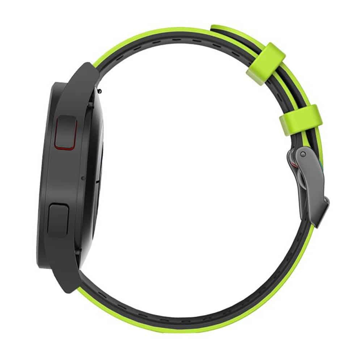 Schwarze Smartwatch mit grünem und schwarzem Armband auf weißem Hintergrund.