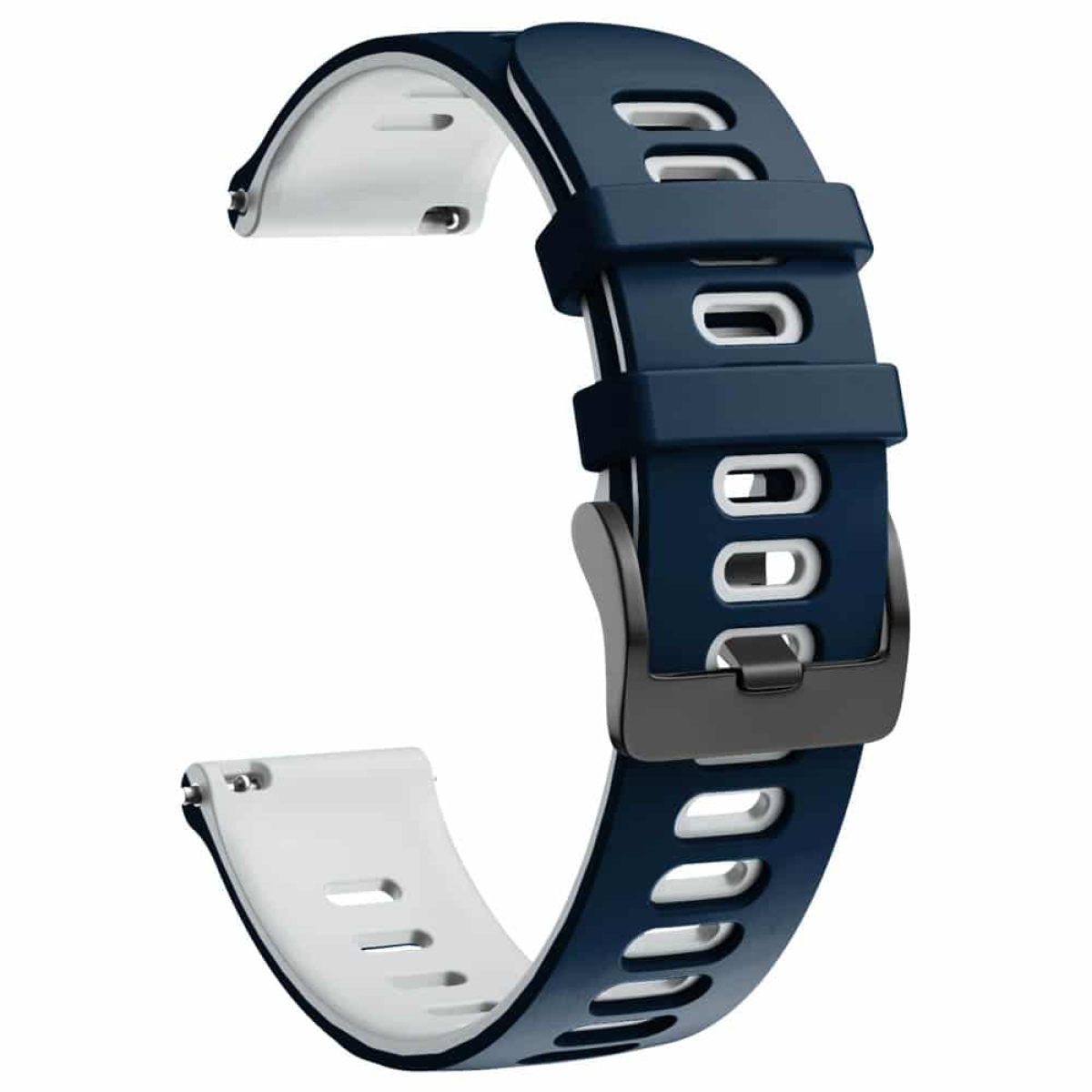 Ein blaues und weißes Smartwatch-Armband mit schwarzem Verschluss und weißem Innenfutter.