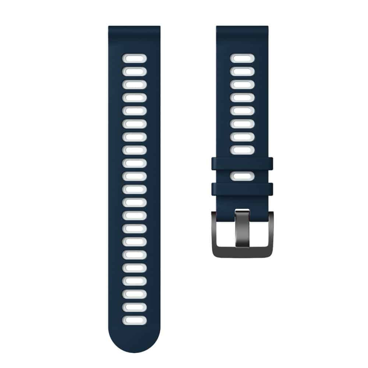 Zwei blaue Uhrenarmbänder mit Löchern und schwarzen Details auf weißem Hintergrund.