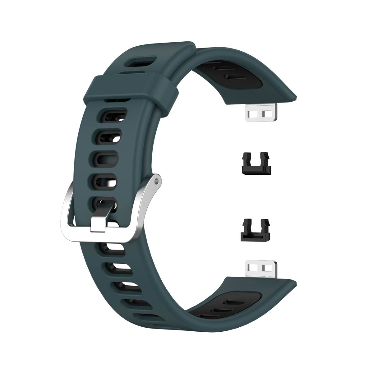 Ein dunkelgrünes Smartwatch-Armband mit silberner Schnalle und zwei schwarzen und zwei silbernen Steckern.