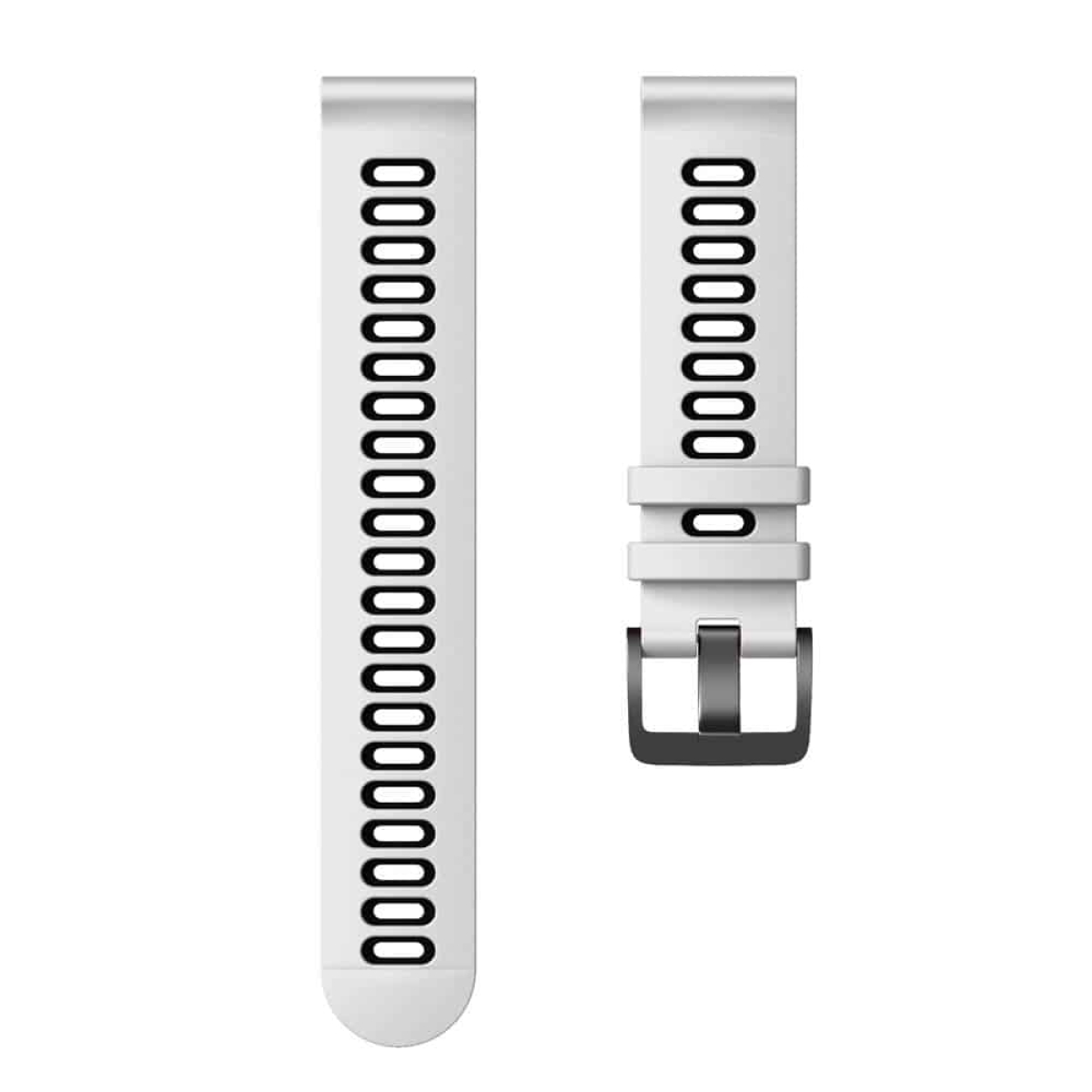 Zwei weiße Uhrenarmbänder, eines mit Löchern und das andere mit einer Schnalle.
