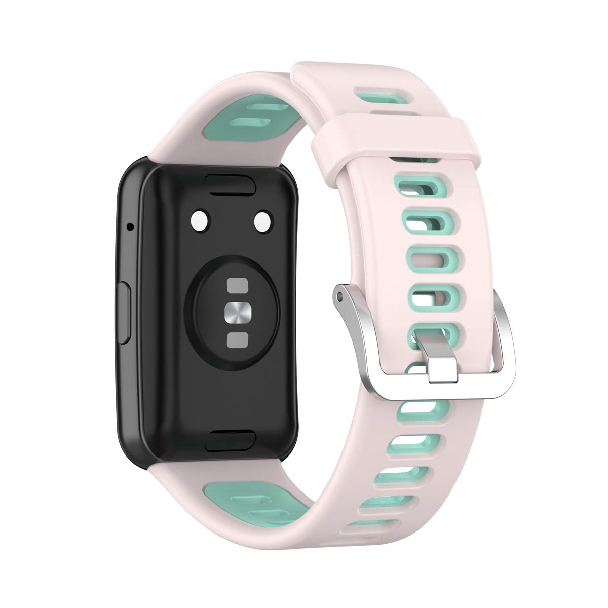 Smartwatch mit rosa Armband und schwarzem Gehäuse auf weißem Hintergrund.