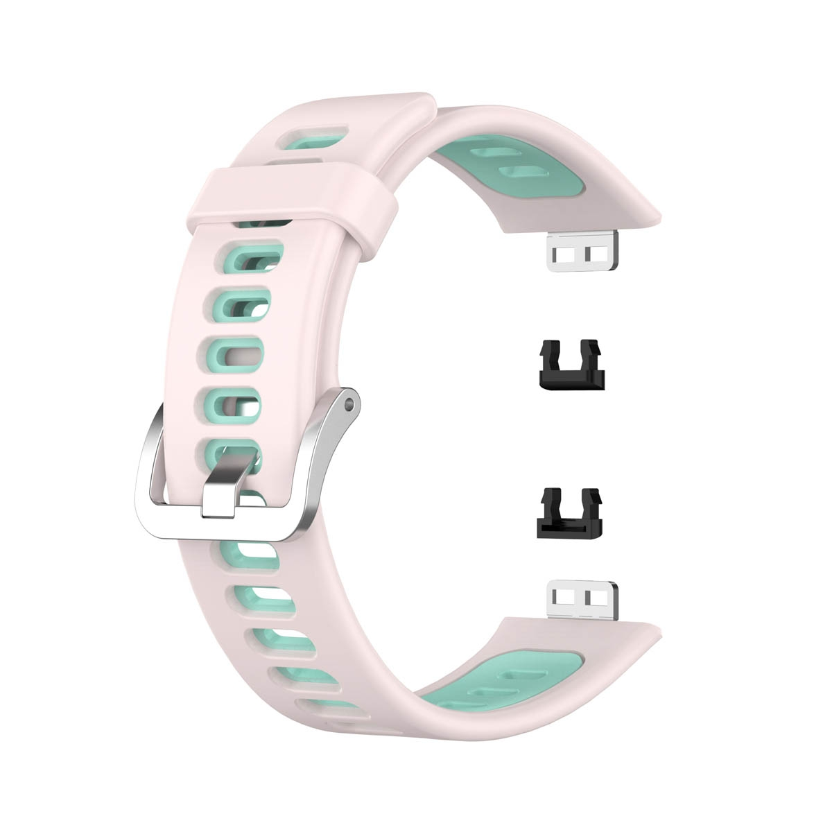 Armband, rosa und türkis mit silbernem Verschluss und schwarzem Stecker. Weißer Hintergrund.
