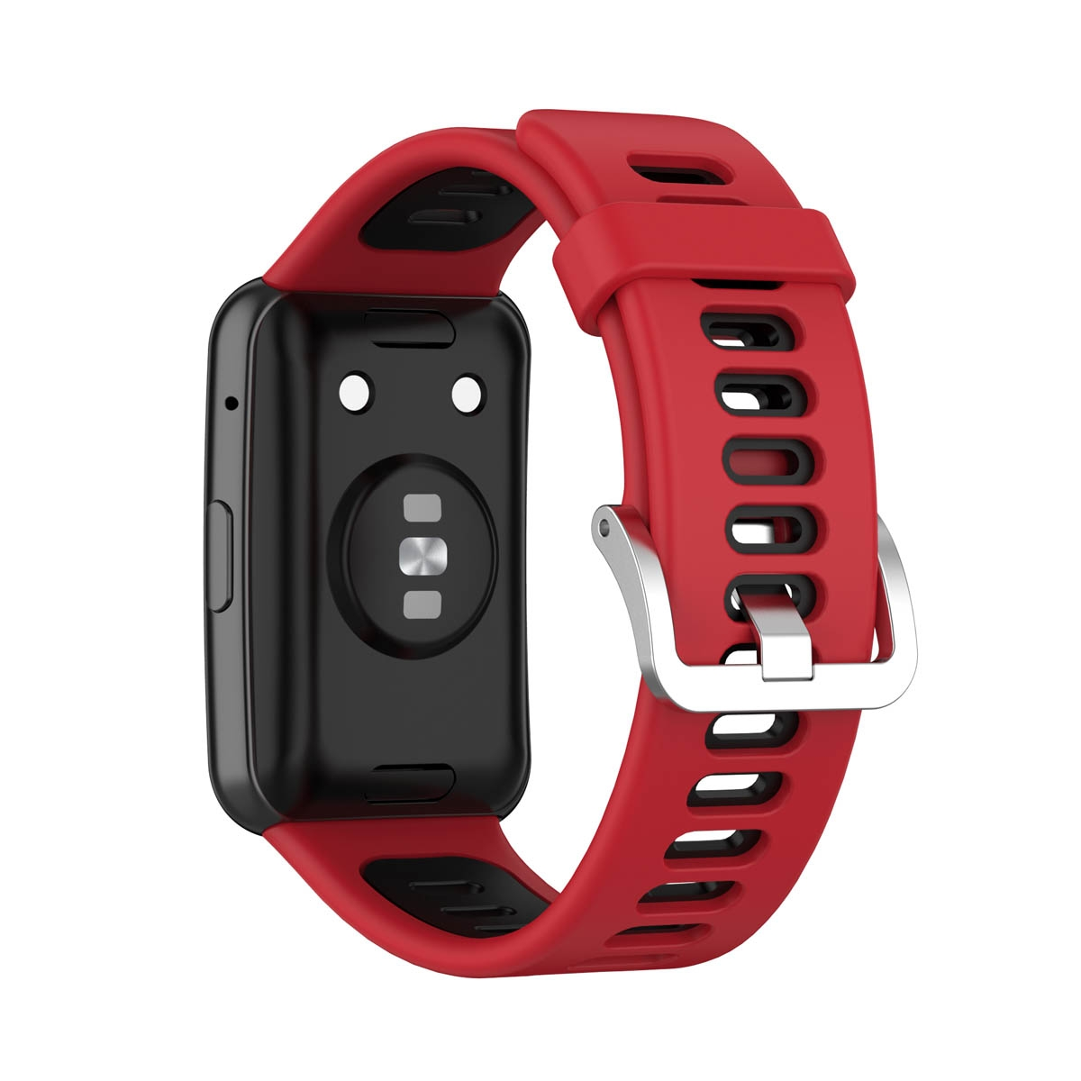 Ein rotes und schwarzes Smartwatch-Armband mit einer Schnalle. Die Rückseite hat einen Herzfrequenzsensor.