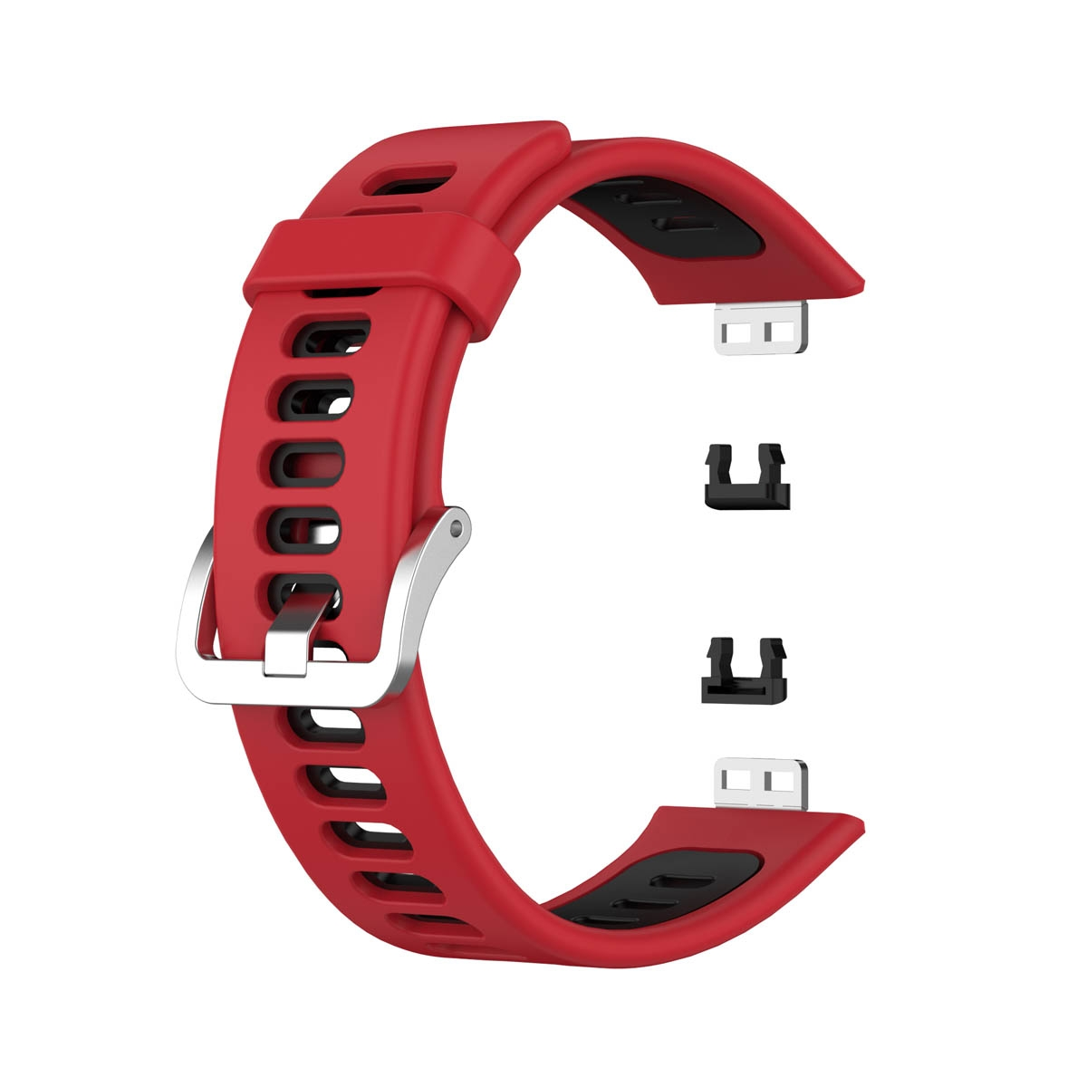 Rotes Uhrenarmband mit silberner Schnalle und schwarzen Aufsätzen, isoliert auf weißem Hintergrund. Zwei schwarze Aufsätze.