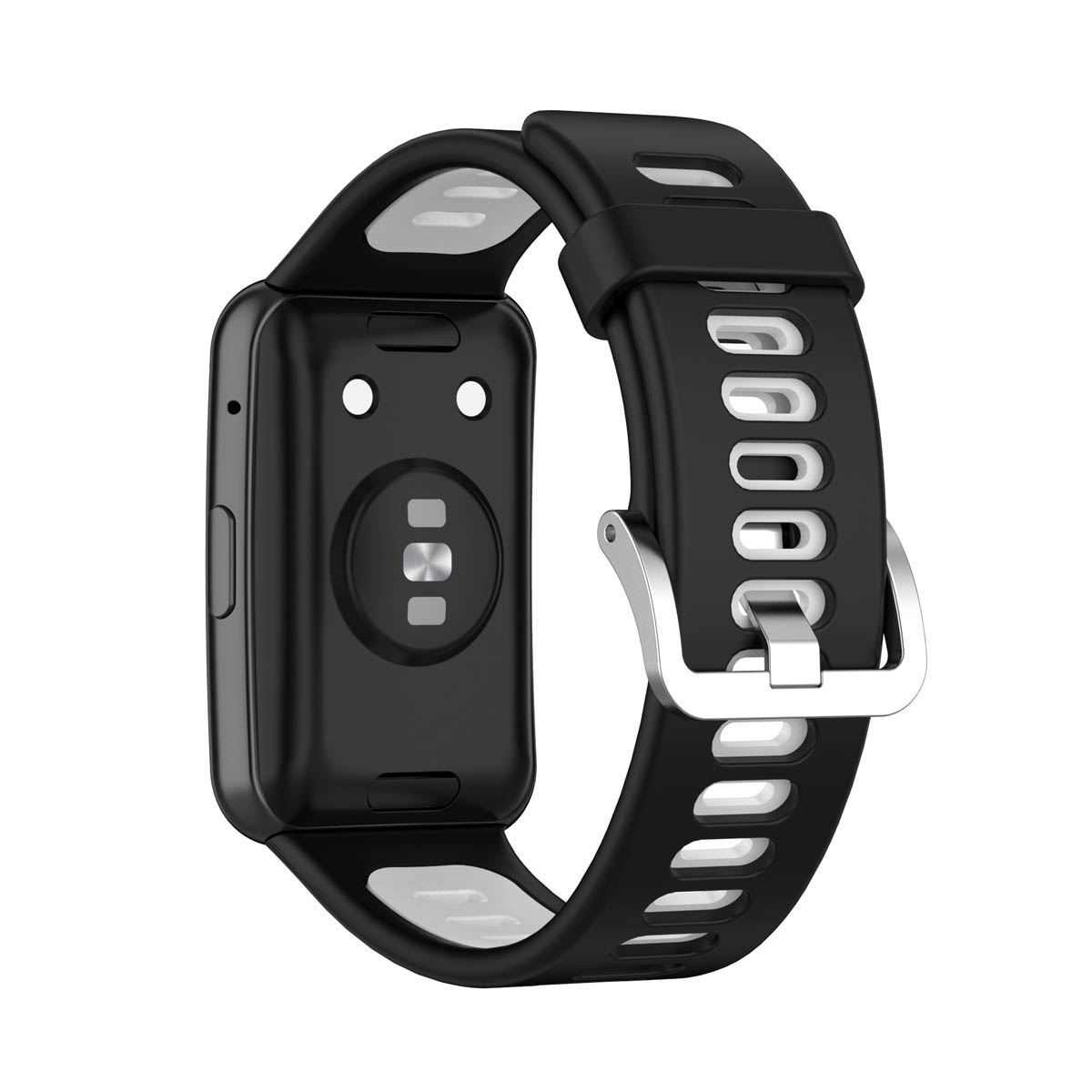Schwarz-weiße Smartwatch mit schwarzem Armband. Die Rückseite der Uhr zeigt den Herzfrequenzsensor.