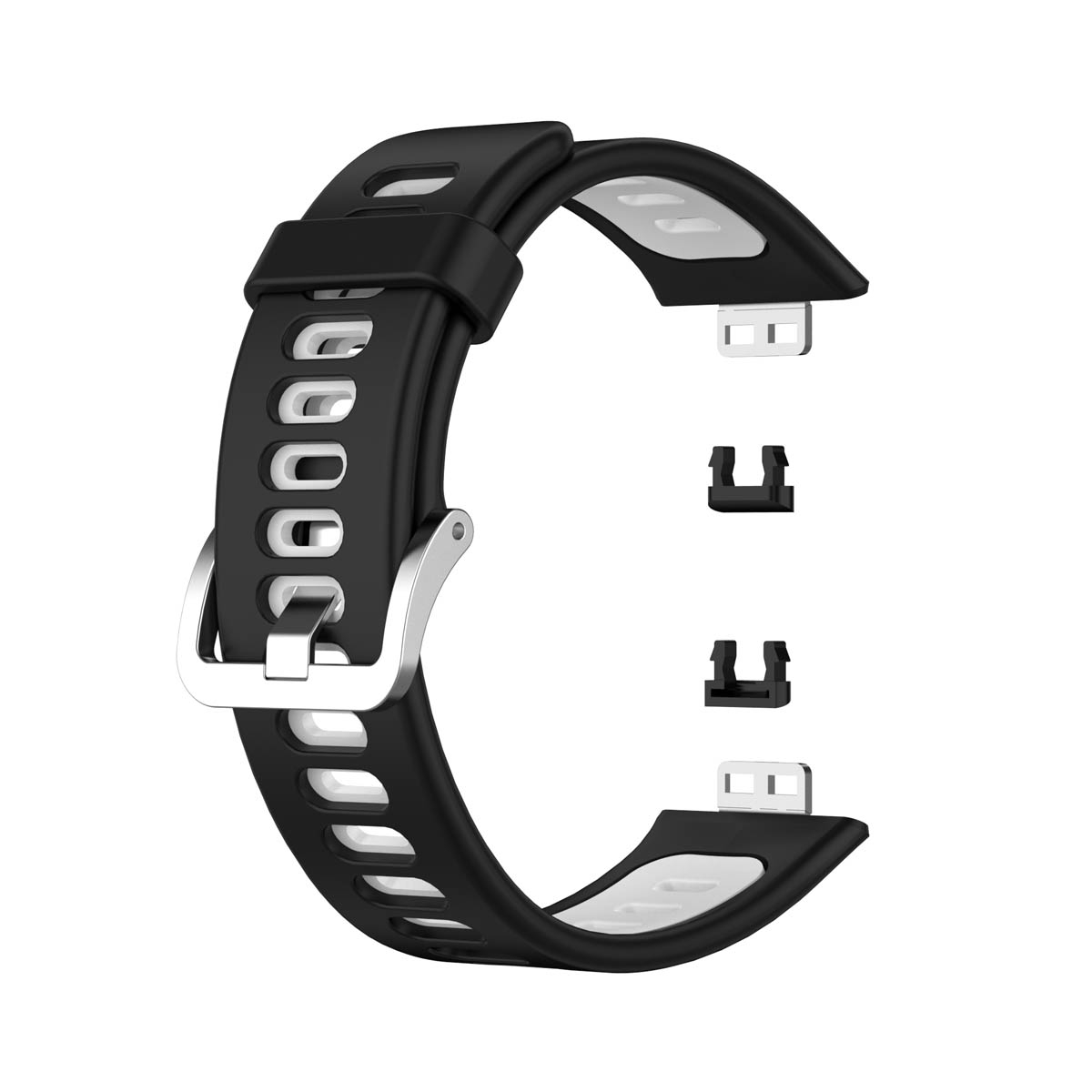 Schwarzes und weißes Uhrenarmband mit Löchern und einer silbernen Schnalle.