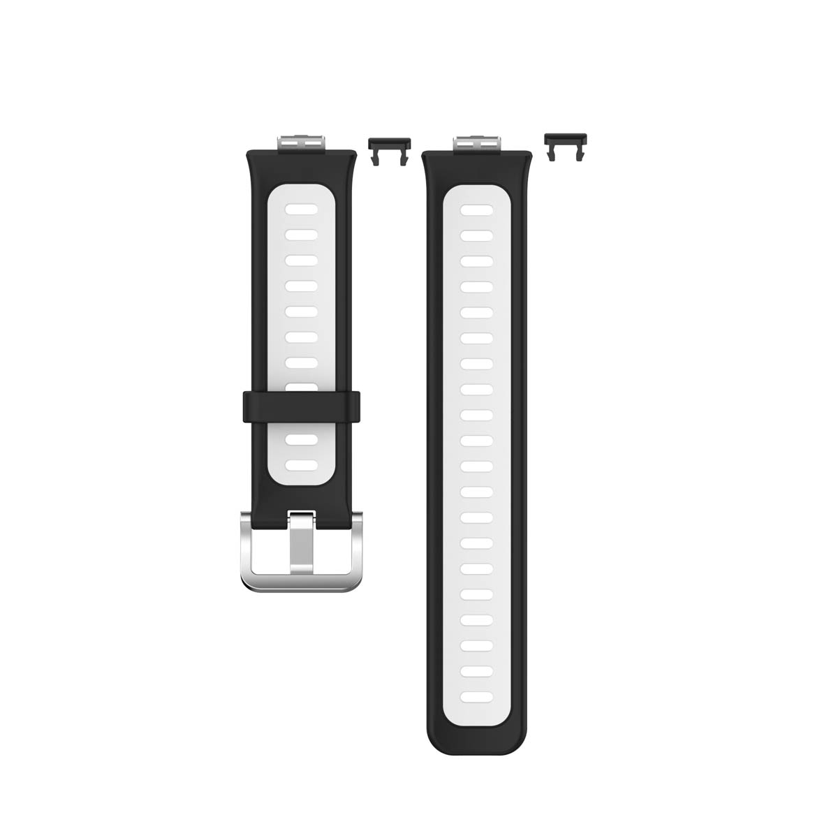 Schwarz-weißes Uhrenarmband mit silberner Schnalle.